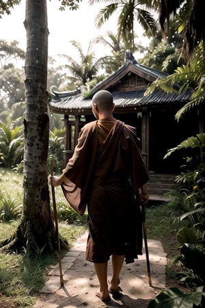 Seen from behind an orange cloaked buddhist warrior monk carrying a  long wooden staff approaching an open field from the realistic, hyperealistic shadows, photography, | ancient temple in background, cinematic, hyperealistic, jungle, forest scenery, | realistic shadows, | analog, photography,