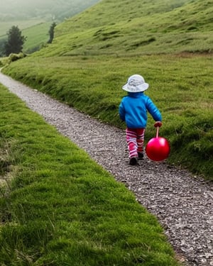 (((best quality))),single build,architecture, blue_sky, building,cloudy_sky, day, fantasy, fence, field, house, build,architecture,landscape, moss, outdoors, overgrown, path, river, road, rock, scenery, sky, young boy walking on path with his grandfater holding red balloons 