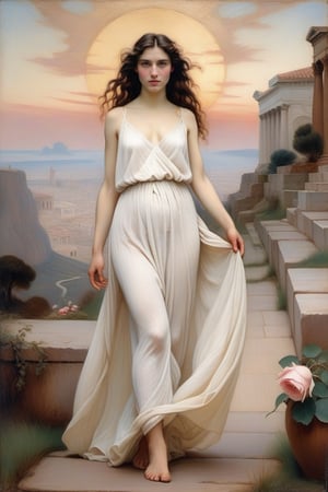 A pre-Raphaelite style painting of full length portrait of a young, brunette greek goddess  walking purposefully away from the accropolis towards the viewer. She gazes seductively and pointstowards the viewer. She is wearing a short translucent white chiffon dress that exposes her bare arms and shoulders, bare legs and ample cleavage. There are rose petals on the floor