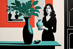 In the style of Marjane Satrapi and David Hockney,  Cinematic Realism, woman and a vase
