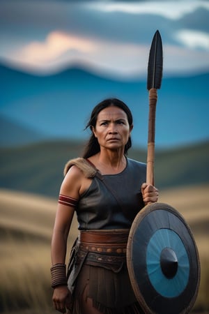 A full length portrait of three mighty Amazon female warriors, all holding shields and spears to do battle on the steppes of Asia, High cheek bones, grey eyes, determined and  fierce look on their face. Leather armour Pale blue mountains in the distance below a translucent sky.  Movie Still,inst4 style