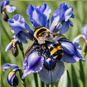 Macro picture of an bumblebee on a blue iris flower in a open field 