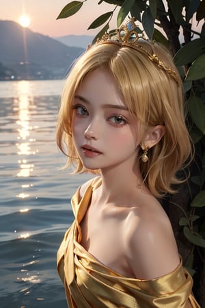 1 girl is in the lake, extremely detailed eyes and face, (blonde hair:1.2), (crown of laurel leaves:1.2), (Golden draped dress:1.3), sunset