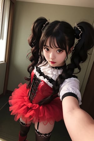 photorealistic, masterpiece, best quality, raw photo, 2_girls, long hair, long twintails, bright black eyes, detailed eyes and face, full body portrait,  dynamic lighting, in the dark, deep shadow, low key, moametal, asian girl, babymetal style, red tutu, Su-metal face, pure, metalqueen, kneesocks, japanese girl, red, steel corset