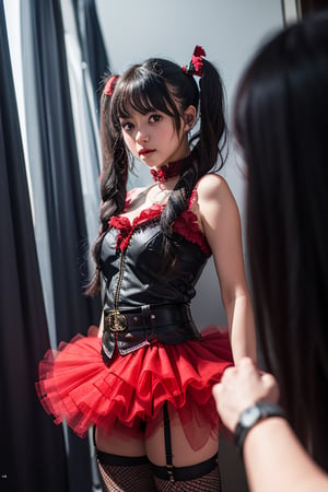 photorealistic, masterpiece, best quality, raw photo, 2_girls, long hair, twintails, bright black eyes, detailed eyes and face, full body portrait,  dynamic lighting, in the dark, deep shadow, low key, moametal, asian girl, babymetal, red tutu