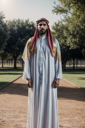 Muslim guys, with a white saudi cloth, red saudi Shemagh on the head, standing, in the park, complementary color grading, commercial photography, commercial lighting, photography, realistic