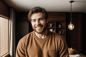 a smiling man with his , brown reddish beard, side composition, squares his hand, standing, in the home, complementary color grading, commercial photography, commercial lighting, photography, realistic