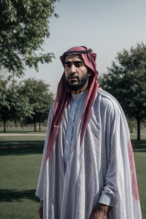 Muslim guy, with a white saudi cloth, red saudi Shemagh on the head, standing, in the park, complementary color grading, commercial photography, commercial lighting, photography, realistic