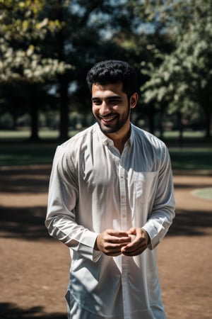 smiling Muslim man, with a white shirt, he squares hand, standing, in the park, complementary color grading, commercial photography, commercial lighting, photography, realistic