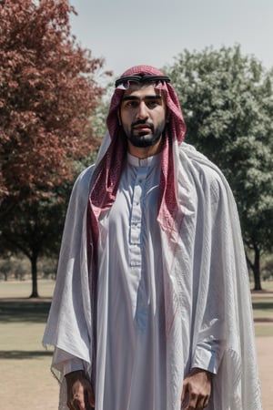 Muslim guy, with a white saudi cloth, red saudi Shemagh on the head, standing, in the park, complementary color grading, commercial photography, commercial lighting, photography, realistic