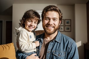 a smiling man with his kid, brown reddish beard, daughter, in the side composition, squares his hand, standing, in the home, complementary color grading, commercial photography, commercial lighting, photography, realistic