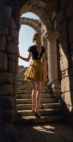 A vertical, impressionistic detailed oil painting on textured canvas, captures a woman gracefully descending an ancient, rustic stone staircase. The subject is centered, with the woman's fair complexion contrasted by her vibrant light yellow dress adorned with a flowing skirt that transitions into warm hues of orange and red at the bottom. Her hair is a cascading voluminous braid, light and elegant. The abstract background consists of muted grays and beiges, harmoniously blending with the dark warm color palette. The painting showcases a loose and painterly style, with visible brushstrokes and an ethereal softness that envelops the scene. The artist's stylish and cursive style signature, 'Tanvir' is discreetly placed in the bottom right corner., illustration, painting