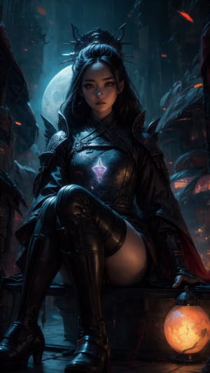 amazing quality, masterpiece, best quality, absurdres, beautiful, detailed shadow, aesthetic,,mona_(genshin_impact), 1girl, big eyes, beautiful korean girl, looking at viewer, solo)Digital artwork, otherworldly landscape, (futuristic revealing attire), ethereal glow, dynamic pose, immersive environment, neon accents, (Tron-inspired), (fantastic game world),1 girl,sitting moon,wrenchfaeflare