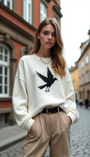 A photo of a young woman standing on a cobblestone street in front of a historic-looking building with multiple windows. She is wearing a white oversized sweater with a graphic of a bird on it and beige trousers with a black belt. The woman has a necklace around her neck and her hair is styled in a loose, straight manner. The background reveals a city with buildings. The overall ambiance of the image gives a chic, urban vibe.