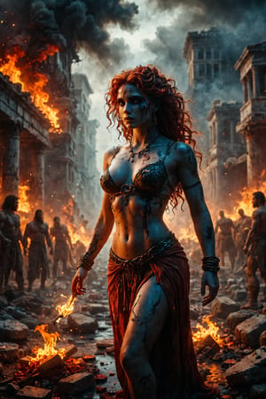 (masterpiece portrayal of movie in intimate action), 

A gathering of greek handsome gods around a sacred bonfire. the beautiful female blue-eyed snake-curly-hair Medusa is tied up and walking on the flames. Their faces illuminated by flickering flames, their bodies turning into grey stones. --v 5 --ar 16:9 --style traditional Greek --lighting firelight and divine glow --color palette warm reds and oranges and cold blues. Mist. Dust. Magic. Destruction.