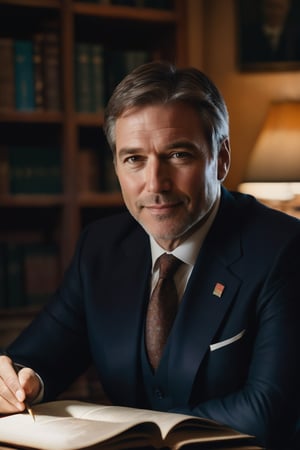 A close-up shot of a politician's face, with a hint of warmth in their eyes and a gentle smile on their lips. They sit calmly in a dimly lit room, surrounded by scattered papers and worn leather-bound books. A single lamp casts a soft glow, highlighting the sincerity etched on their features. The politician's hands rest gently on the edge of the table, as if preparing to make a heartfelt plea.