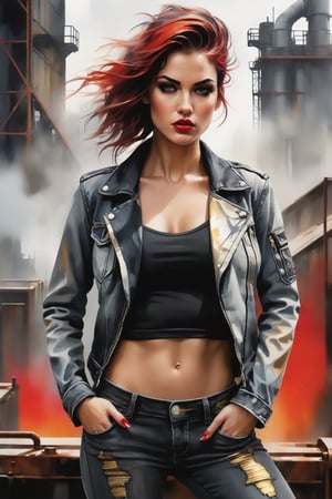 A fragile yet fierce young woman, mid-twenties, stands tall in a full-body pose against a gritty, industrial backdrop. Wet ink and watercolor hues of black, grey, and red swirl around her, while metallic gold accents highlight the curves of her slender physique. Her arms are crossed, with one hand grasping a worn denim jacket, as if ready to strike or defend herself. In the background, rusty machinery and broken cityscapes hint at the harsh realities of this diesel-punk world. Artgerm's gestural speed paint style captures the dynamic energy and vulnerability of this rebellious heroine.