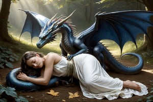 Dark romance fantasy, a draconic woman in a loose white dress is curled up laying on the ground hugging her knees in fetal-position, her own wings are wrapping around her bod , pet and blue dragon comforting her, loosely hugging holding small dragon,  elegant, melancholia, comfort, wings, horns, scales, Masterpiece, Intricate, Insanely Detailed, Art by todd lockwood, chris rallis, anna dittmann, Kim Jung Gi, Gregory Crewdson, Yoji Shinkawa, Guy Denning, Textured!!!!, Chiaroscuro!!, actionpainting", best quality, masterpiece,PetDragon2024xl