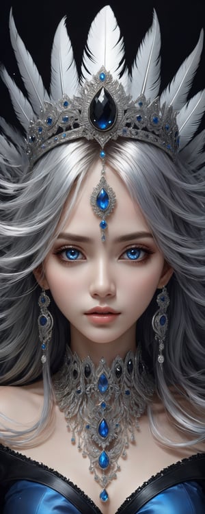 (((masterpiece))),best quality, illustration,(beautiful detailed girl), a girl ,solo,bare shoulders,flat_chst,diamond and glaring eyes,beautiful detailed cold face,very long blue and sliver hair,floaing black feathers,wavy hair,black and white sleeves,gold and sliver fringes,a (blackhole) behind the girl,a silver triple crown inlaid with obsidian,(sit) on the black ((throne)), (depth) of (field)