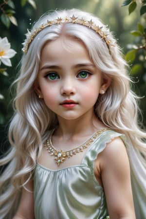 A stunning digital portrait of a little girl with mesmerizing green eyes, capturing her beauty, innocence, and strength in one captivating shot. Her femininity is enhanced by her flowing white hair, adorned with a delicate silver hairband with a white gemstone, which sparkles in her hair like a shining star. The little girl's clothing is made of fine white silk, which is adorned with intricate golden embroidery, which gives it a luxurious, regal look, while also highlighting her innocence, purity, and youthfulness. The little girl's skin is pale white, which gives her a delicate, ethereal look, while also highlighting her innocence, purity, and youthfulness. Her eyes are big, bright, and blue, which gives her a mysterious, mesmerizing look, while also highlighting her intelligence, wit, and creativity. The little girl's nose is small, petite, which gives her a delicate, feminine look, while also highlighting her innocence, purity, and youthfulness. Her lips are full, luscious, which gives her a sensual, seductive look, while also highlighting her intelligence