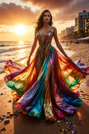 A vibrant rainbow-hued evening gown flows down a model's curvy figure, catching the warm golden light of a sunset-filled beachside promenade. The dress' iridescent sheen shimmers and glows as the model strikes a confident pose, her long legs splayed out to one side. The colorful garment seems to dance in harmony with the sky's kaleidoscope hues.