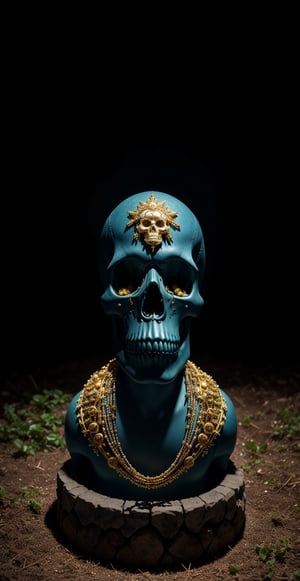 A meticulously crafted skull adorned with intricate golden patterns, purple beads, and gear-like embellishments. The skull's eyes are strikingly blue, and it's surrounded by a blurred background of greenery, suggesting it might be placed outdoors or in a garden setting.