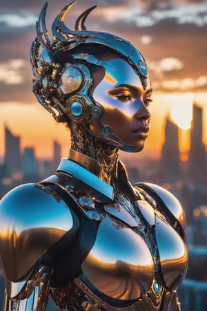 A majestic SteelHeartQuiron cyborg stands majestically against a gradient sunset sky, where volumetric lighting casts an otherworldly glow. In the foreground, the subject's delicate features are rendered in exquisite detail, as if painted by Jean Baptiste Mongue himself. Intricately detailed fluid gouache textures dance across their synthetic skin, while calligraphic strokes adorn their cybernetic enhancements. Marton Bobzert's maximalist photoillustration expertise brings forth an 8k resolution masterpiece, where the subject's elegant pose and expansive presence command the viewer's attention. In the background, a cityscape sprawls in intricate detail, bathed in natural lighting that complements the artificial luminescence of the cyborg's mechanical components.