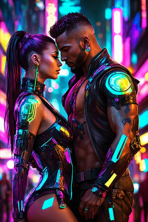 Generate hyper realistic image of a cyberpunk couple enjoying a vibrant night in the futuristic cityscape. Their bodies adorned with neon cybernetic enhancements, they revel in the glow of holographic billboards, dancing amidst the bustling nightlife.upper body