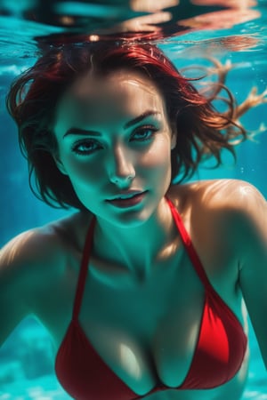 A masterpiece of underwater photography, with exceptional depth of field at 1.2, capturing the essence of a sexy girl in a red bikini. Her expressive eyes, gazing directly at the viewer, exude a dreamy smile as she poses seductively, her hourglass figure on full display. Short, wet hair frames her face, while her skin glistens with moisture. The turquoise tone and shadows create an immersive underwater environment, drawing us in to admire her perfect form. The focus is intentionally centered on her stunning backside, a true masterpiece of photography.