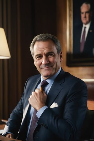 A close-up shot of a middle-aged man with a greasy smile and sunken eyes, set against a drab government office backdrop. He's seated behind a cluttered desk, his suit rumpled and stained. A faint scent of cigar smoke lingers in the air. The politician's hands are clasped together, fingers interlocked in a symbol of deceit. Harsh overhead lighting accentuates every wrinkle, while shadows conceal his true nature.