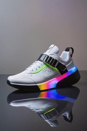 A futuristic sneaker, predominantly white in color, with vibrant ultra fluorescent neon-like lights emanating from its sole and side. Hans Darias AI. The shoe features a prominent Nike logo, a high ankle strap with a unique buckle design, and perforated details on the side. The background is dark, emphasizing the glowing elements of the shoe, which casts a spectrum of colors on the reflective surface below.