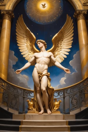 A majestic repetition of Ganymede's mythological story. A regal Ganymede stands atop a grandiose staircase, his divine features illuminated by soft, golden lighting. He gazes upward, hands clasped behind his back, as if beseeching the heavens for another libation of nectar. The opulent throne room backdrop is adorned with intricate frescoes, while the subtle shadows beneath Ganymede's eyes hint at a deeper longing.