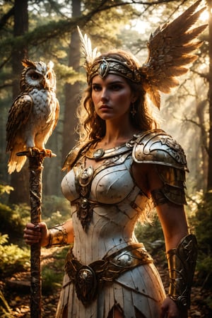Athena, goddess of war, stands confidently in a sunlit clearing, her helmet's crest gleaming with golden eagles. Her white armor shines like polished marble, reflecting the warm light that casts a gentle glow on her strong jawline and determined expression. A spear rests proudly at her side, its tip adorned with a small owl, symbol of wisdom.
