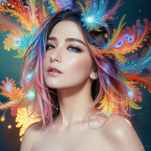 (masterpiece, top quality, best quality, official art, beautiful and aesthetic:1.2), (1girl), extreme detailed,(abstract, fractal art:1.3),colorful hair,highest detailed, detailed_eyes, fire, water, ice, lightning, light_particles, nude ,beatiful lines,resolute eyes,1 girl