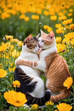 Award-winning photo, two cute cats hugging each other in a flower field 