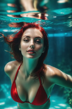 A masterpiece of underwater photography, with exceptional depth of field at 1.2, capturing the essence of a sexy girl in a red bikini. Her expressive eyes, gazing directly at the viewer, exude a dreamy smile as she poses seductively, her hourglass figure on full display. Short, wet hair frames her face, while her skin glistens with moisture. The turquoise tone and shadows create an immersive underwater environment, drawing us in to admire her perfect form. The focus is intentionally centered on her stunning backside, a true masterpiece of photography.