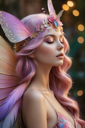 A close-up image of a fairy-like figure with ethereal beauty wearing a whimsical hat, bathed in a gentle glow. The fairy has their eyes closed, showing a serene expression, and their hair blends into an intricate wing structure that outlines their profile. The wings are adorned with a tapestry of feathers, transitioning from pastel to vibrant hues of purples, pinks, and golds. Each feather is detailed, achieving a texture that is both realistic and otherworldly. Light dots and small butterfly motifs are scattered across the wings and background, creating a magical dust or bokeh effect.