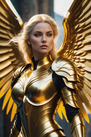 A majestic 8K UHD composition: a blonde warrior queen, encased in gleaming golden armor, stands tall, her straight yellow locks flowing like a river down her back. Eyes shut, she exudes contemplative intensity. Majestic Archangel wings, strong and proud, frame her powerful stance. Soft, warm lighting highlights the armor's intricate details, while subtle shading adds depth to her regal features. The camera captures her authoritative pose from a low angle, emphasizing her divine presence, as if waiting for the next command.