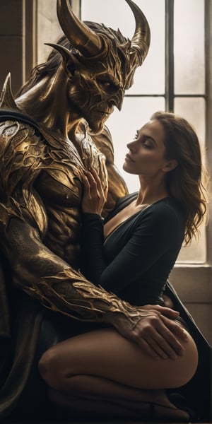 A hyper-realistic composition shot captures the tense moment as she finally meets him. Soft, golden lighting illuminates her anxious expression, highlighting the nervous tremble of her hands as they rest in her lap. Her eyes, bright with anticipation, lock onto his as she takes in his imposing figure. The demon's massive size and intimidating aura are palpable, but her gaze remains fixed on him, a mix of admiration and lust simmering beneath the surface. The air is thick with unspoken desire, contained for so long.