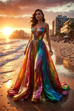 A vibrant rainbow-hued evening gown flows down a model's curvy figure, catching the warm golden light of a sunset-filled beachside promenade. The dress' iridescent sheen shimmers and glows as the model strikes a confident pose, her long legs splayed out to one side. The colorful garment seems to dance in harmony with the sky's kaleidoscope hues.