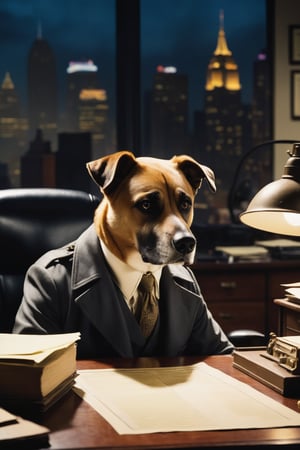 A close-up shot of Detective Dog, a keen-eyed canine detective, sitting at his desk in a dimly lit, vintage-style office. His piercing gaze is fixed on a cryptic clue, his ears perked up in concentration. The wall behind him is lined with dusty filing cabinets and old-fashioned crime scene tape, while a city skyline stretches out the window.