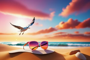 Natural nature should design your work in the CMYK color profile. Then, before you upload, convert the finished work into the RGB color profile.A stunning 3D render illustration of sunglasses lying on the sand, reflecting a vast ocean. The sunglasses have intricate design elements, such as a unique frame and colorful lenses. The beach backdrop features a beautiful sunset, with the sun casting warm hues of orange and pink on the waves. Seagulls fly overhead, adding to the serene atmosphere of the scene. The overall composition showcases a blend of fashion and nature, creating a visually stunning image., fashion, illustration, 3d render