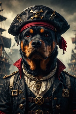 Anthropomorphic Rottweiler wearing a pirate outfit, portrait photography, postmodern --ar 3:4 --style raw