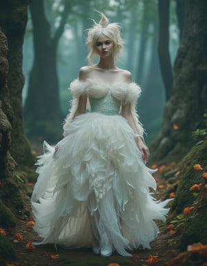 Photorealism, hyper-realistic photo, beautiful girl, wearing white peacock feather dress, accurate anatomy, full body, standing in front of a magical forest, [Realism | Contemporary], bright colors, volumetric lighting, intricate details enhance the dreamy fantasy atmosphere, insanely beautiful, highly detailed, skillful, aesthetic, trending on ArtStationVintage