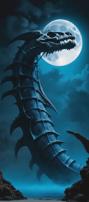 Towering rib bones of an ancient leviathan stand out from the water under the moon, glowing blue where water meets bone. Mist adds a mysterious atmosphere, all captured in a movie-like essence and hyperrealistic detail --ar 1:1 --v 6.0