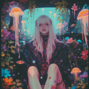 Create a dreamlike, high-detail photograph of a Nordic girl with white hair, sitting in a car filled with vibrant flowers and surrounded by floating jellyfish. The scene has a soft, lofi aesthetic with warm bokeh and depth of field, capturing the surreal beauty of her luminescent dadcore-style clothing. The car interior is overgrown with vines and blooms, while the jellyfish give a magical, underwater feel. Shot with high gamma and in analog film style, this image has a cool, relaxed atmosphere with intricate colors and textures, evoking a captivating, otherworldly ambiance, Inside view,FlowerStyle,r,hhc,interior,real_booster,aesthetic,Beautiful girl ,LuminescentCL,Jellyfish,Polaroidx