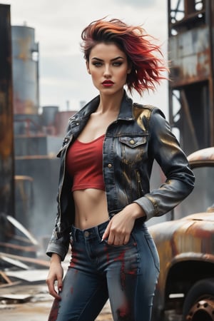 A fragile yet fierce young woman, mid-twenties, stands tall in a full-body pose against a gritty, industrial backdrop. Wet ink and watercolor hues of black, grey, and red swirl around her, while metallic gold accents highlight the curves of her slender physique. Her arms are crossed, with one hand grasping a worn denim jacket, as if ready to strike or defend herself. In the background, rusty machinery and broken cityscapes hint at the harsh realities of this diesel-punk world. Artgerm's gestural speed paint style captures the dynamic energy and vulnerability of this rebellious heroine.