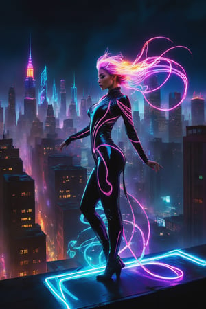 A cyber-mage's ethereal glow illuminates the crumbling rooftop ledge as neon tendrils swirl in harmony with the mage's fusion of flesh and circuitry. The metropolis below exists in fractured realities, where futuristic skyscrapers phase in and out like spectral apparitions. Vibrant colors and graffiti elements converge, casting a cinematic spell that fuses magic and technology in a mesmerizing dance.