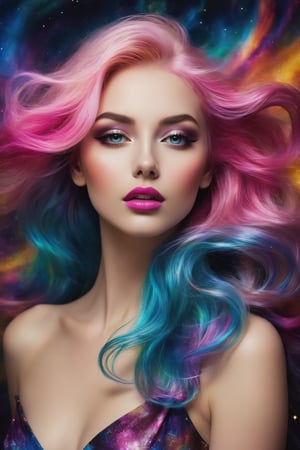 A striking and vibrant portrait of a woman with a mesmerizing, otherworldly allure. Her multi-colored hair, cascading down her back, seamlessly blends with an ethereal cosmic background of twinkling stars and swirling nebulae. Her face, illuminated by a kaleidoscope of colors including pink, blue, and yellow, stands in contrast to her fair skin. Her captivating eyes hold a hint of mystery, while her boldly painted pink lips accentuate her enchanting presence. The overall atmosphere of the image is surreal and dreamy, evoking a sense of dark fantasy and fashion.), dark fantasy, fashion, vibrant