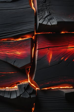Close-up shot of charred black wood, intense lighting highlighting vivid red streaks resembling burning embers, casting a mesmerizing glow on the intricate grain patterns. The wooden surface features a detailed design, vibrant colors evoking a cinematic atmosphere, mysterious and intriguing, capturing attention with its unique appearance.